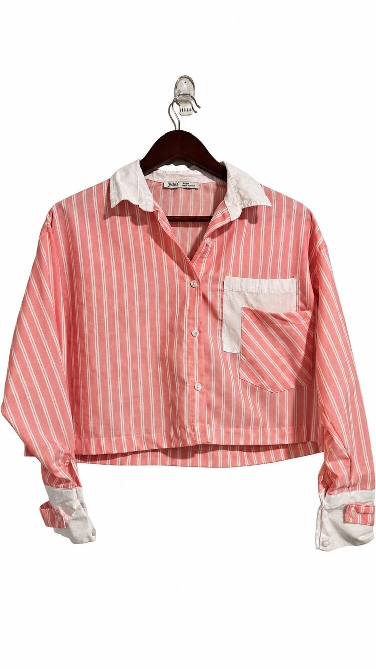 Line Jeber Pink White Striped Cropped Button Up Shirt 100% Cotton Turkey